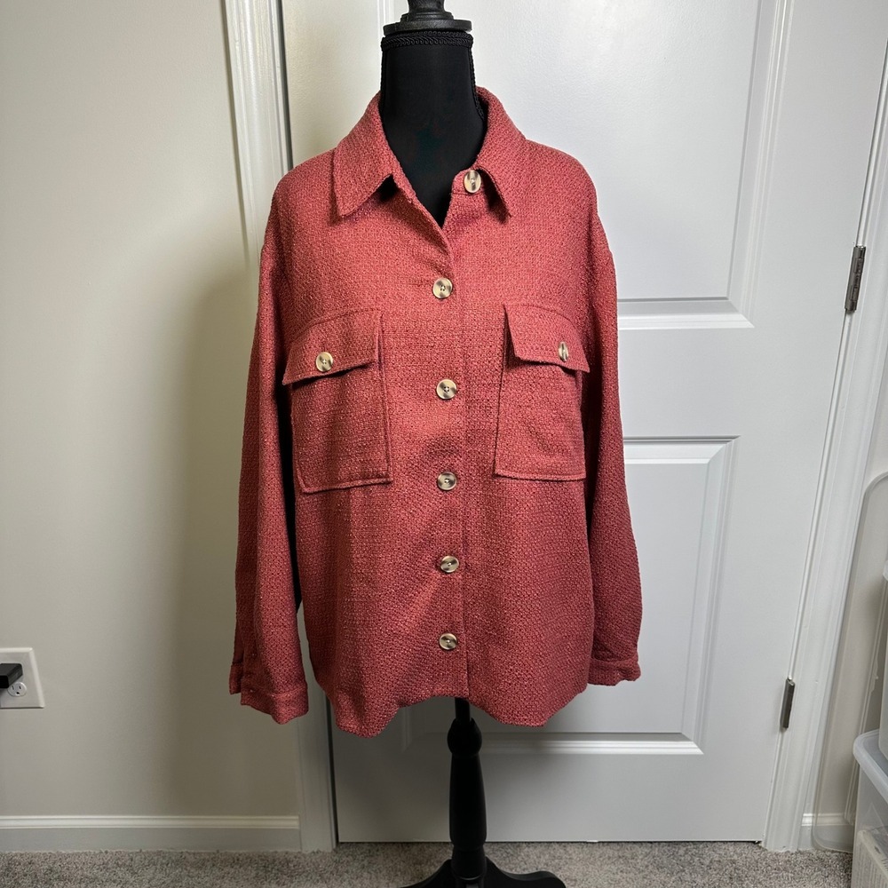 NINE WEST Button Front Shacket Pink Tweed Textured Long Sleeve Size L